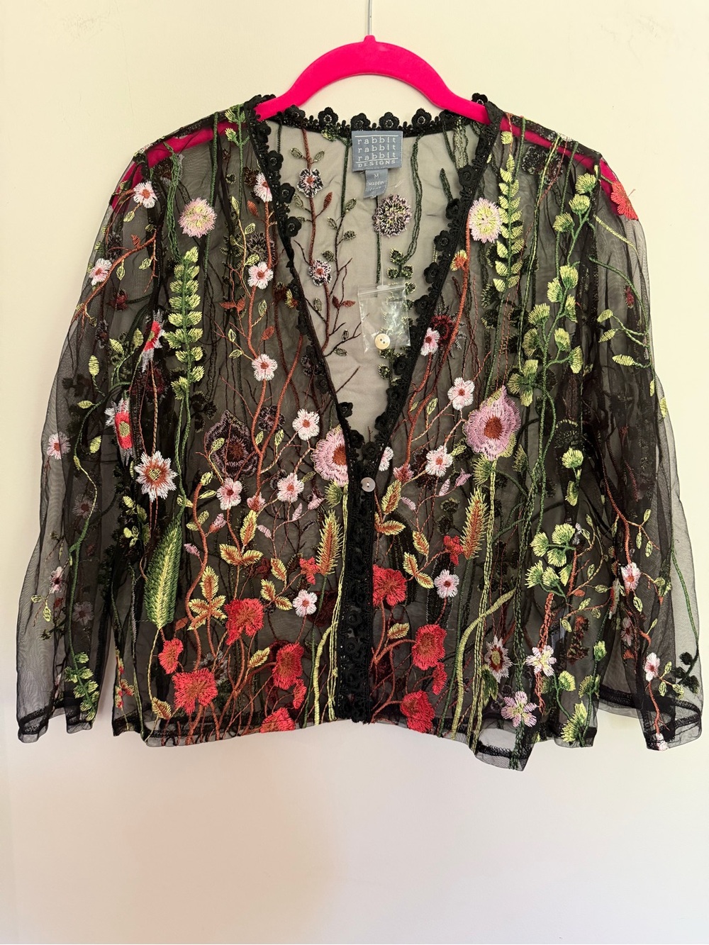 NWOT Rabbit Rabbit Rabbit Sheer Floral Embroidered Cardigan M Medium
